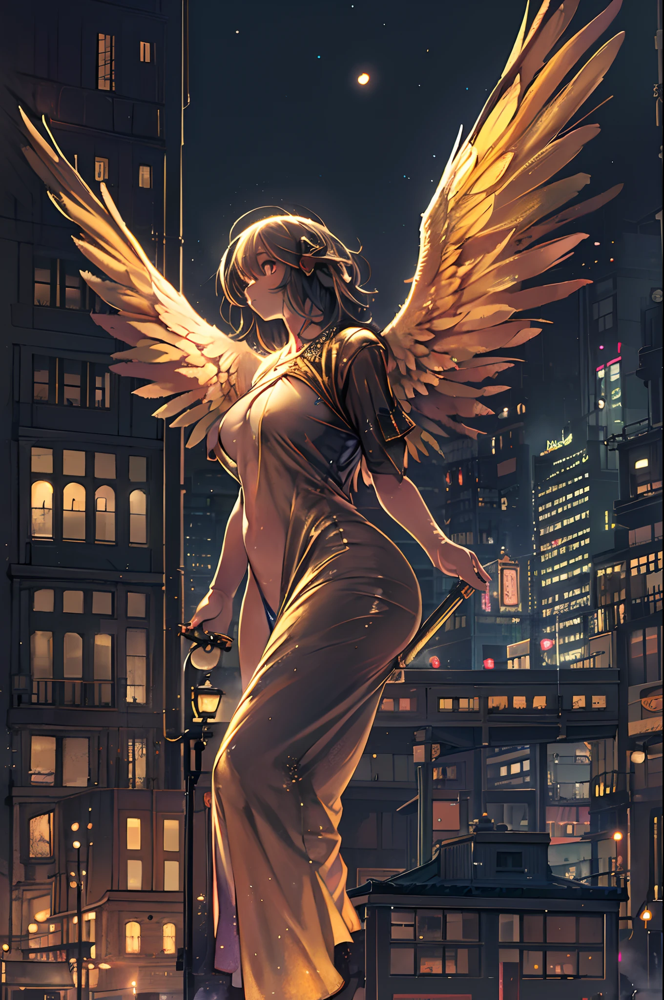 This image is、It depicts an angelic woman floating in the city at night. The city lights create a golden and dramatic atmosphere, Although its delicate presence and dark wings contrast with the urban environment. Women seem protective and cautious.stick out butt