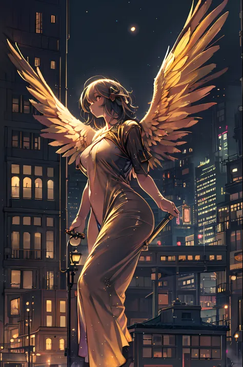 this image is、it depicts an angelic woman floating in the city at night. the city lights create a golden and dramatic atmosphere...