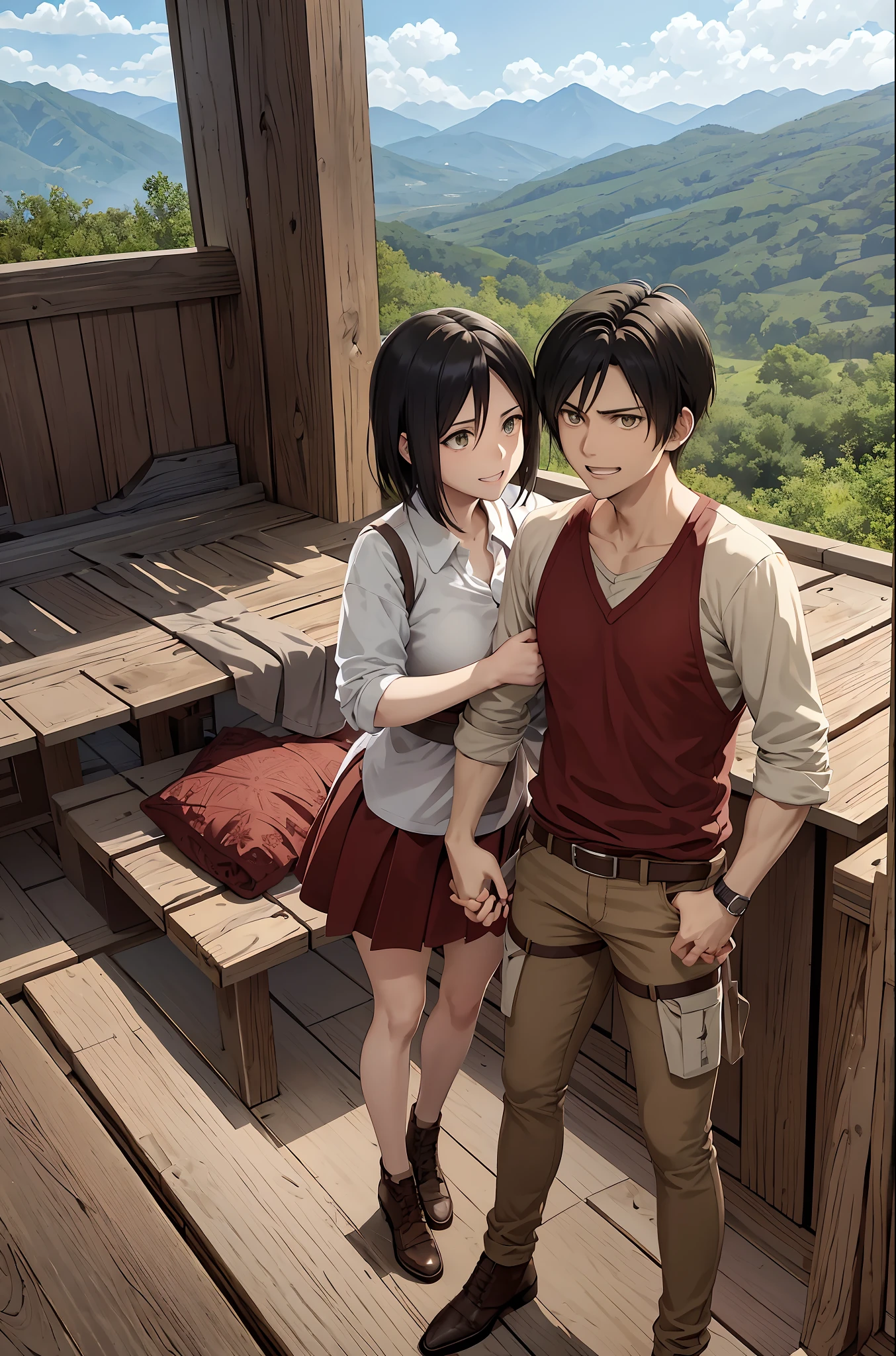 Anime couple standing on a deck with a mountain view - SeaArt AI