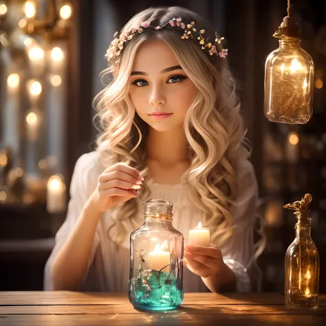 a transcendent beautiful girl having the wonderful magical potion which gives eternal youth and beauty in her hands, the potion is brightly shining in a small antique bottle, the girl is neat and thoughtful, gentle and intelligent, pure and innocent, noble...
