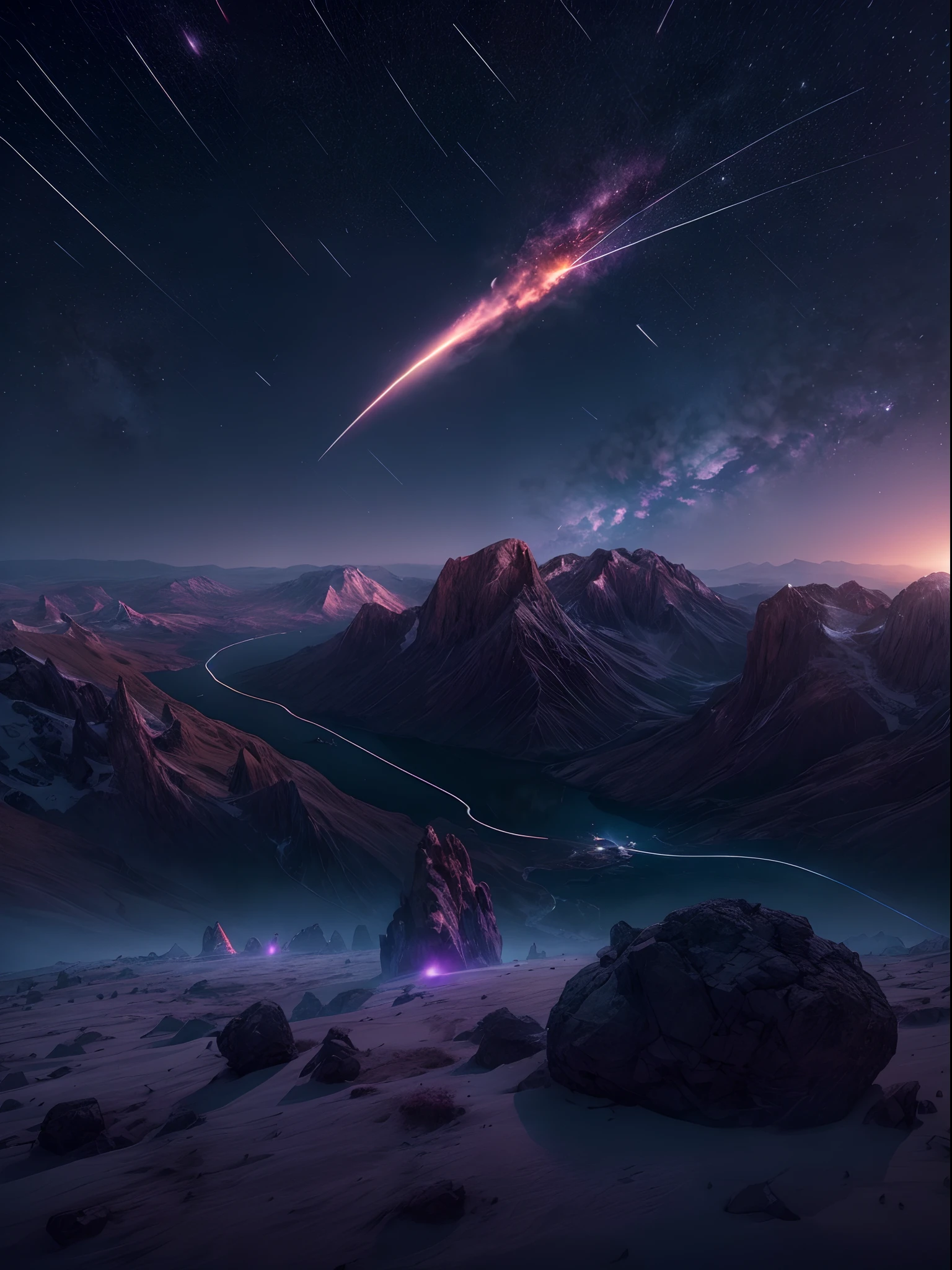 Create a breathtaking cinematic scene featuring a meteor hurtling 