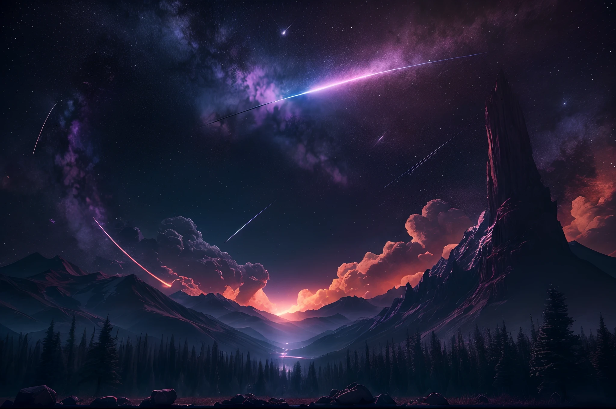 A mountain landscape with a shooting star in the sky - SeaArt AI