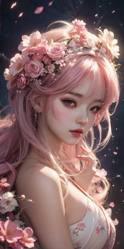 a woman with a flower crown on her head and pink hair, guweiz, beautiful anime portrait, artwork in the style of guweiz, stunnin...