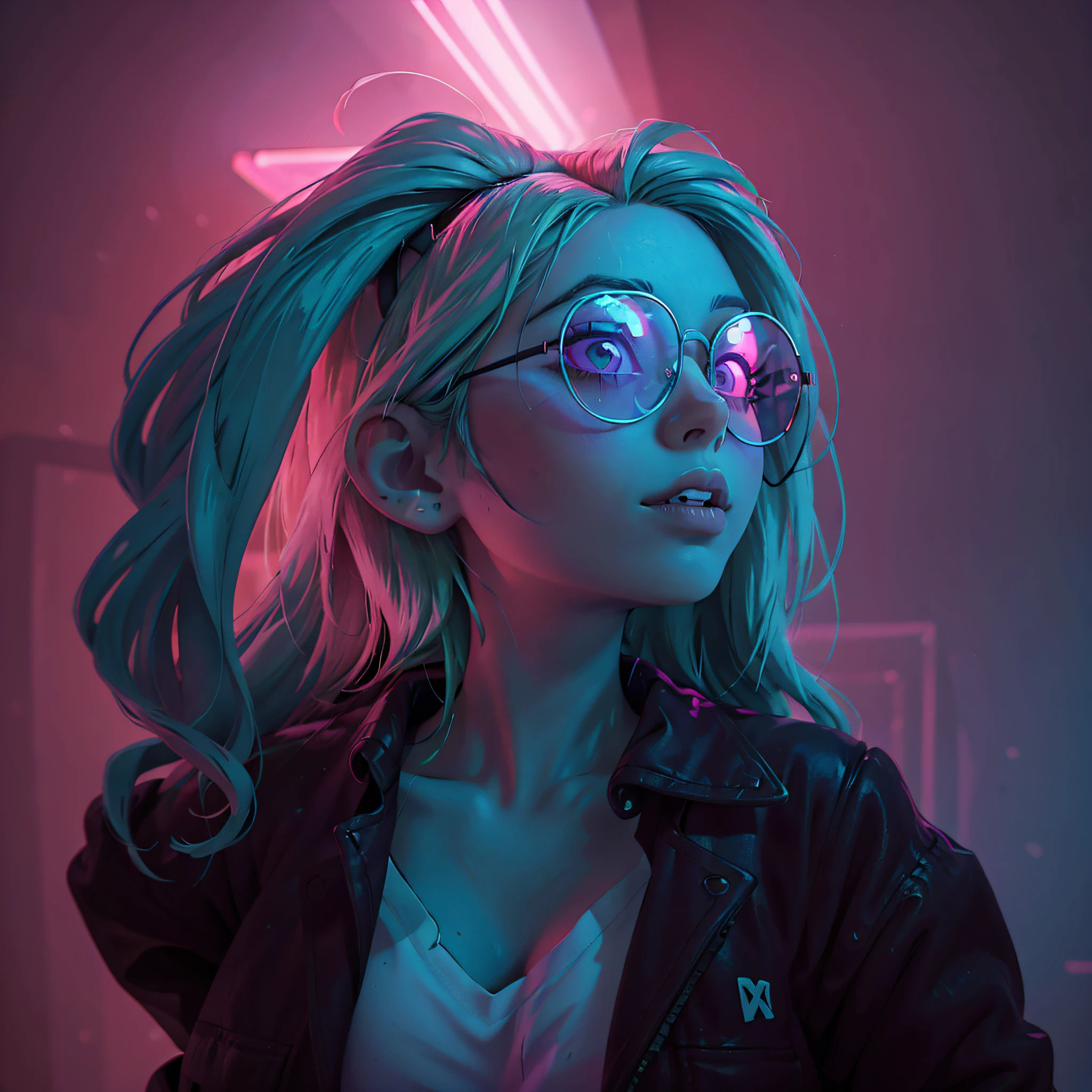 blond woman with sunglasses in a neon photo, neon lenses, pink and blue lighting, pink and blue neon, woman with rose tinted glasses, with neon lights, neon operator margot robbie, ultraviolet and neon colors, futuristic glasses lenses, blue and pink lighting, dramatic lighting and colors, cyberpunk lighting, glowing with colored light, ultraviolet photography, portrait color glamour