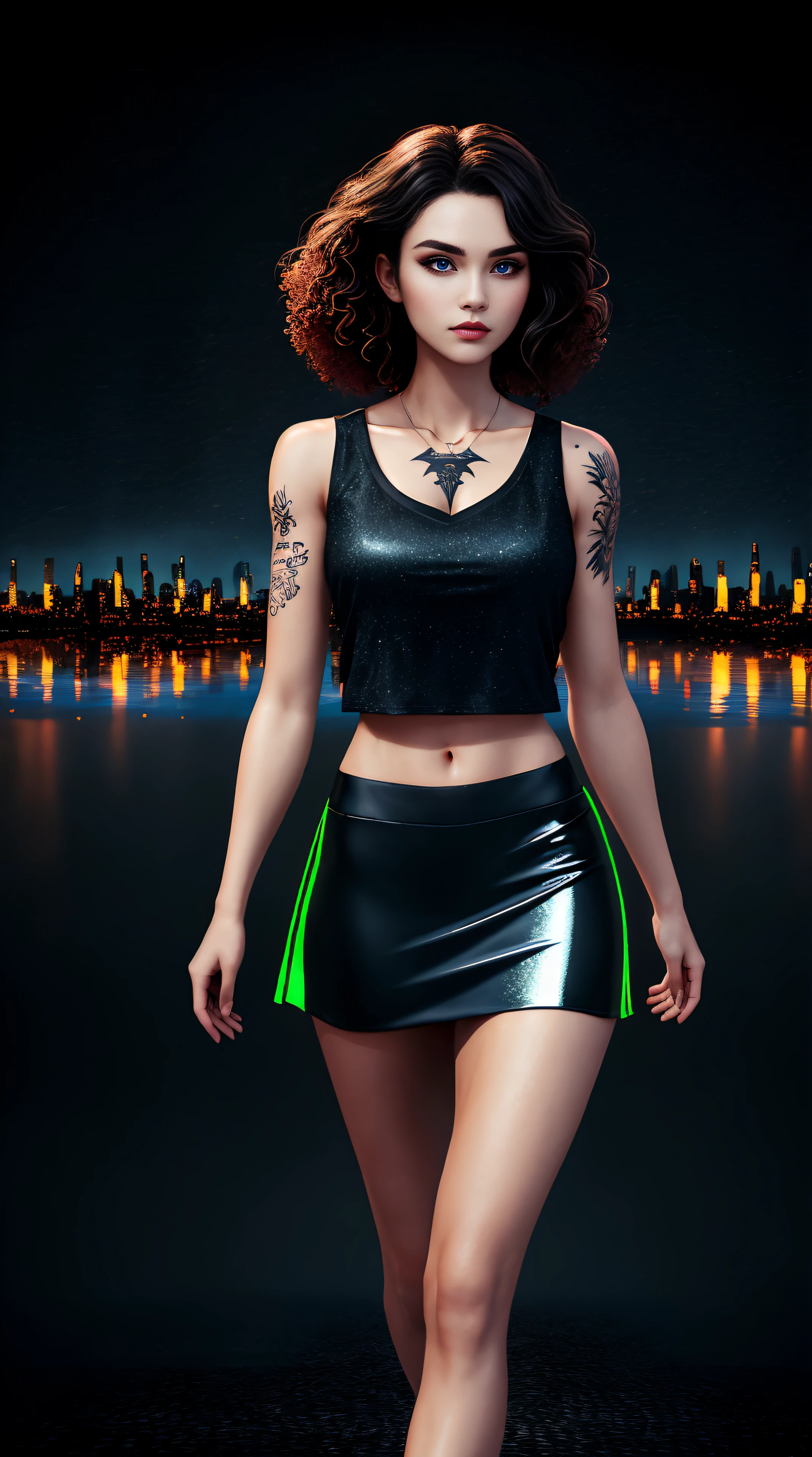 A woman in a black top and green skirt standing in front of a city - SeaArt  AI
