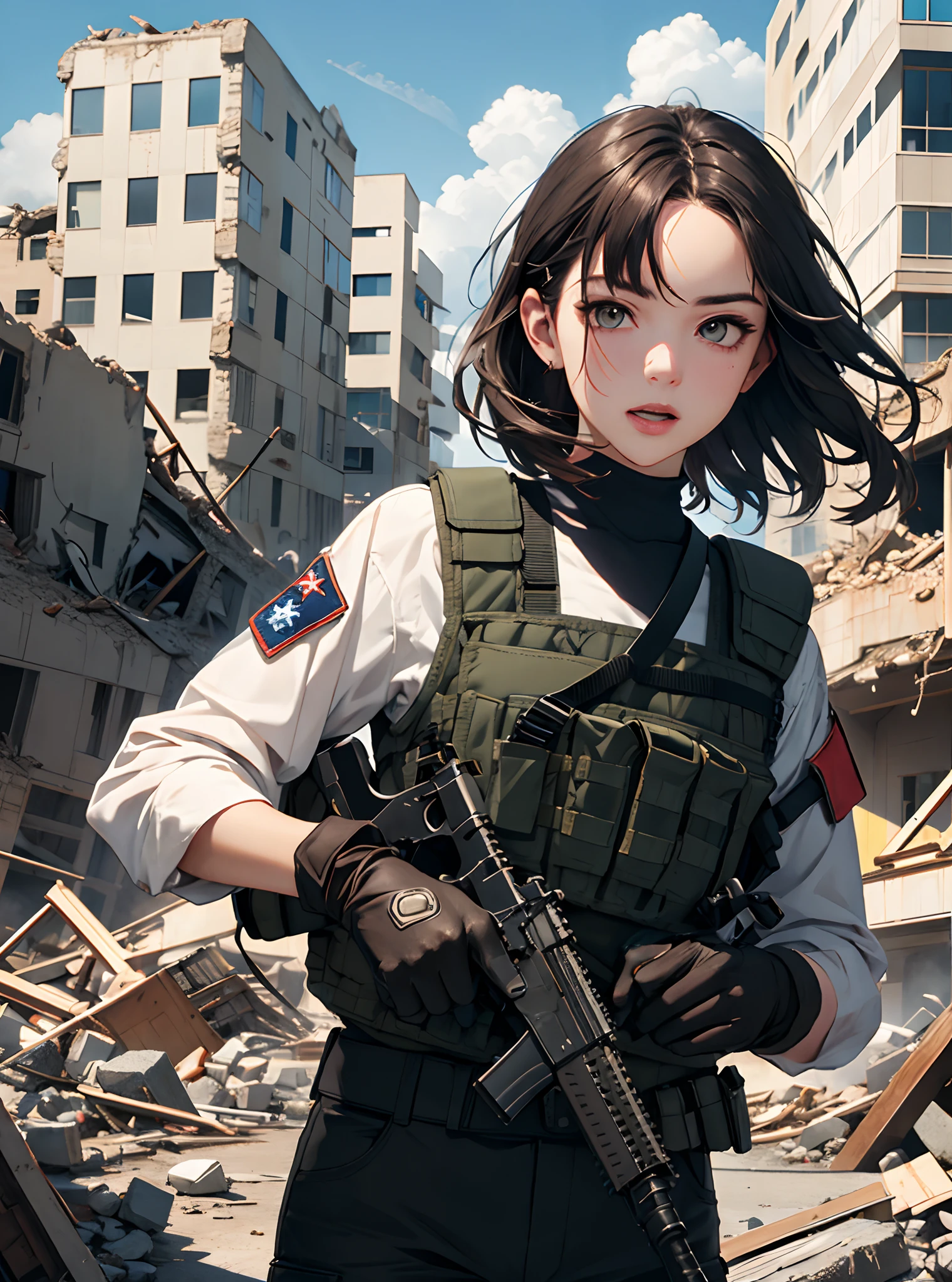 Anime girl with gun in front of destroyed building - SeaArt AI