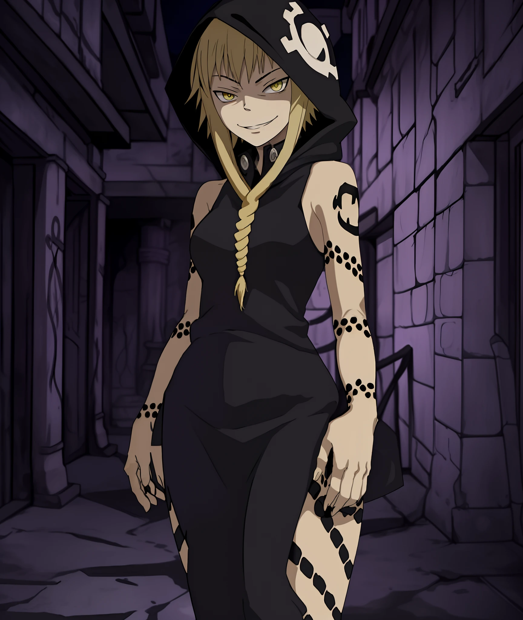 Anime girl in a black dress with a skull and crossbone tattoo - SeaArt AI