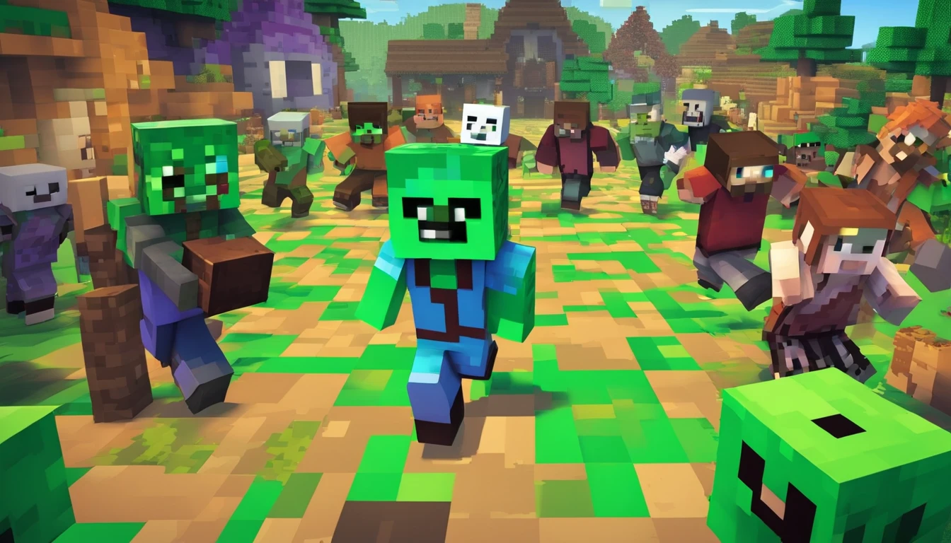 make me a Minecraft female character with a panicked face with white skin running from a lot of zombies, the zombie has green skin with a scary face and is chasing the woman in the background of the village at night