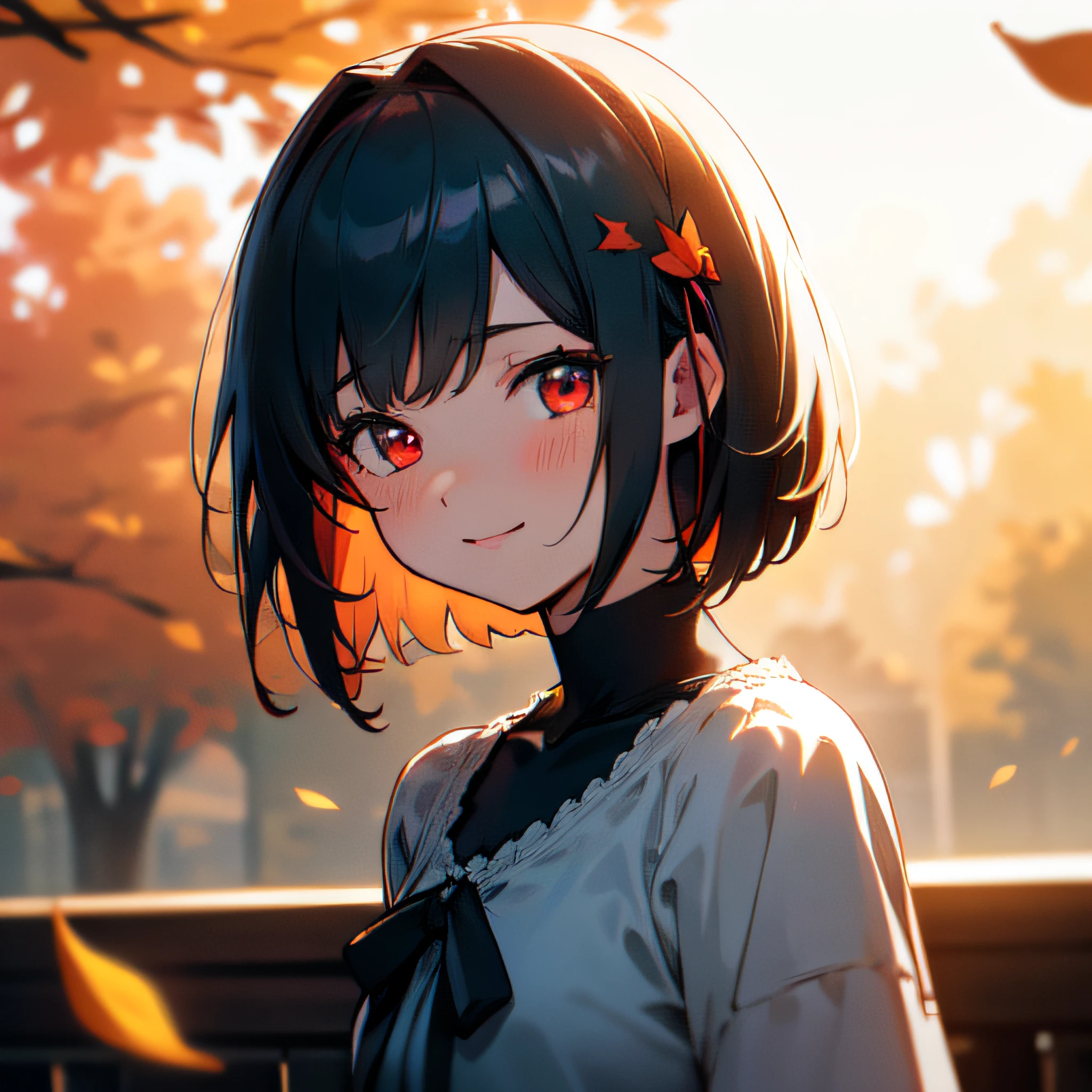 mastepiece, profesional artwork, sharp image, best quality, high quality, ultra quality, 1girl, dark cyan hair, short hair, straight hair, casualwear, small breast, upper body, face focus, beautiful eyes, red eyes, glowing eyes, bedroom, falling leaves, autunm, crowd, depth of field, sunray, rays, dust, sunlight, beautiful lighting, detailed face, detailed background, detailed picture, blush, deatiled texture, bokeh background, sunset, smile, heart eyes, hair ribbon, hair ornament, hair decoration, decoration, detailed decoration, cool look, feminime, look away, mature