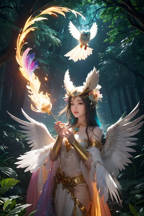 In the middle of the Dream Forest，A mysterious owl。Its feathers shine with a colorful glow，The eyes exude wisdom and magical pow...