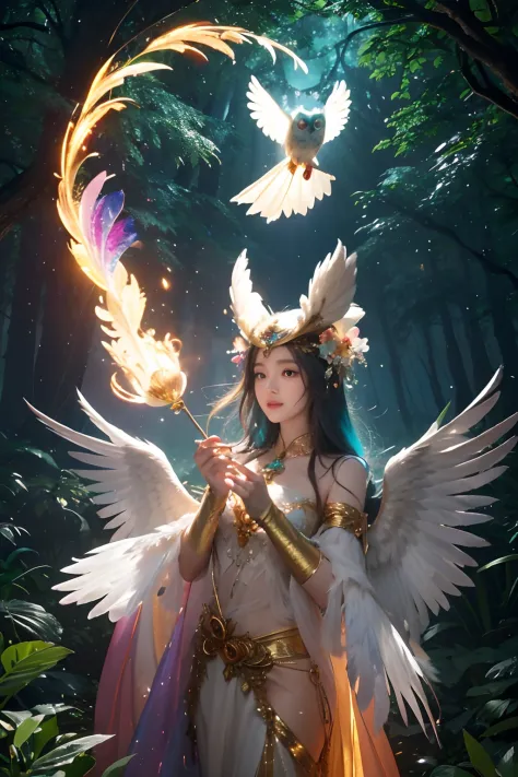 in the middle of the dream forest，a mysterious owl。its feathers shine with a colorful glow，the eyes exude wisdom and magical pow...