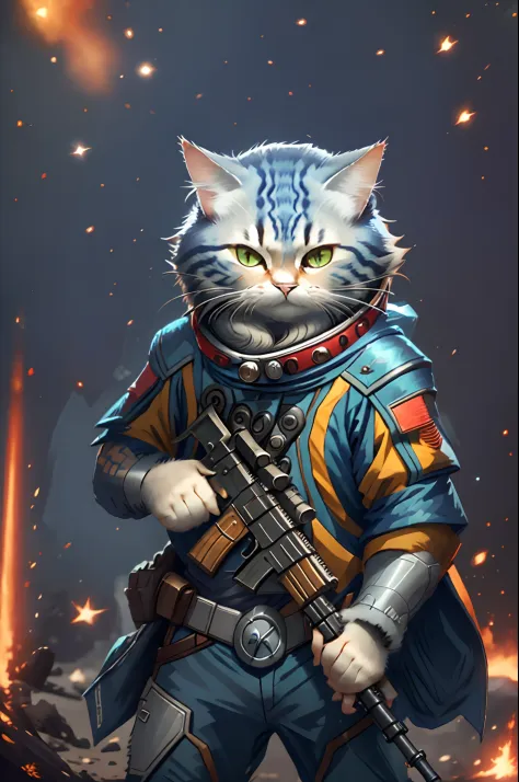 Cat realistic space handsome gun weapon  fantasy pixar