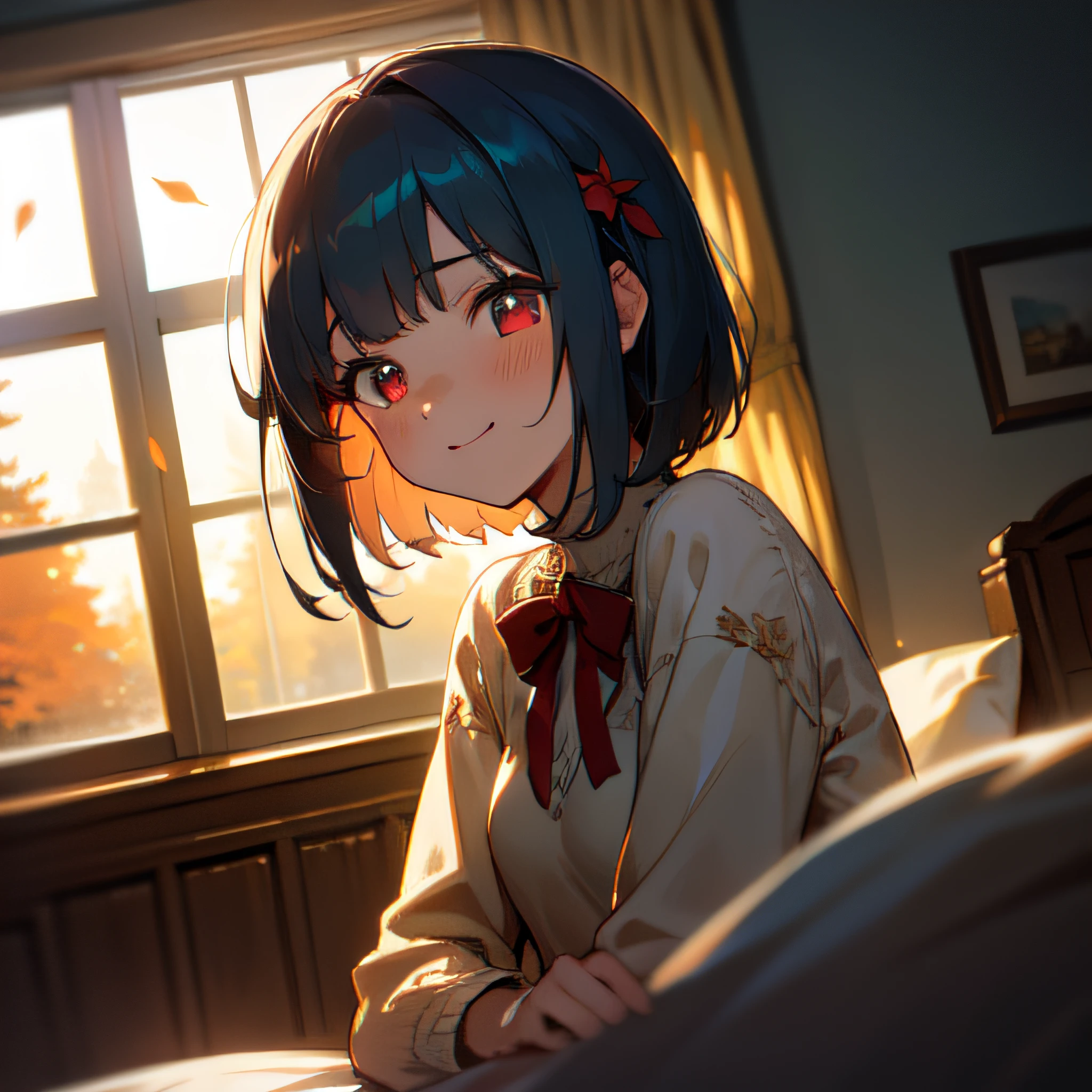 mastepiece, profesional artwork, sharp image, best quality, high quality, ultra quality, 1girl, dark cyan hair, short hair, straight hair, sweater, small breast, upper body, face focus, beautiful eyes, red eyes, glowing eyes, bedroom, falling leaves, snow, windows, indoor, depth of field, sunray, rays, dust, sunlight, beautiful lighting, detailed face, detailed background, detailed picture, blush, deatiled texture, bokeh background, sunset, smile, heart eyes, hair ribbon, hair ornament, hair decoration, decoration, detailed decoration, cool look, feminime, look away, mature, sitting, low angle camera, modern