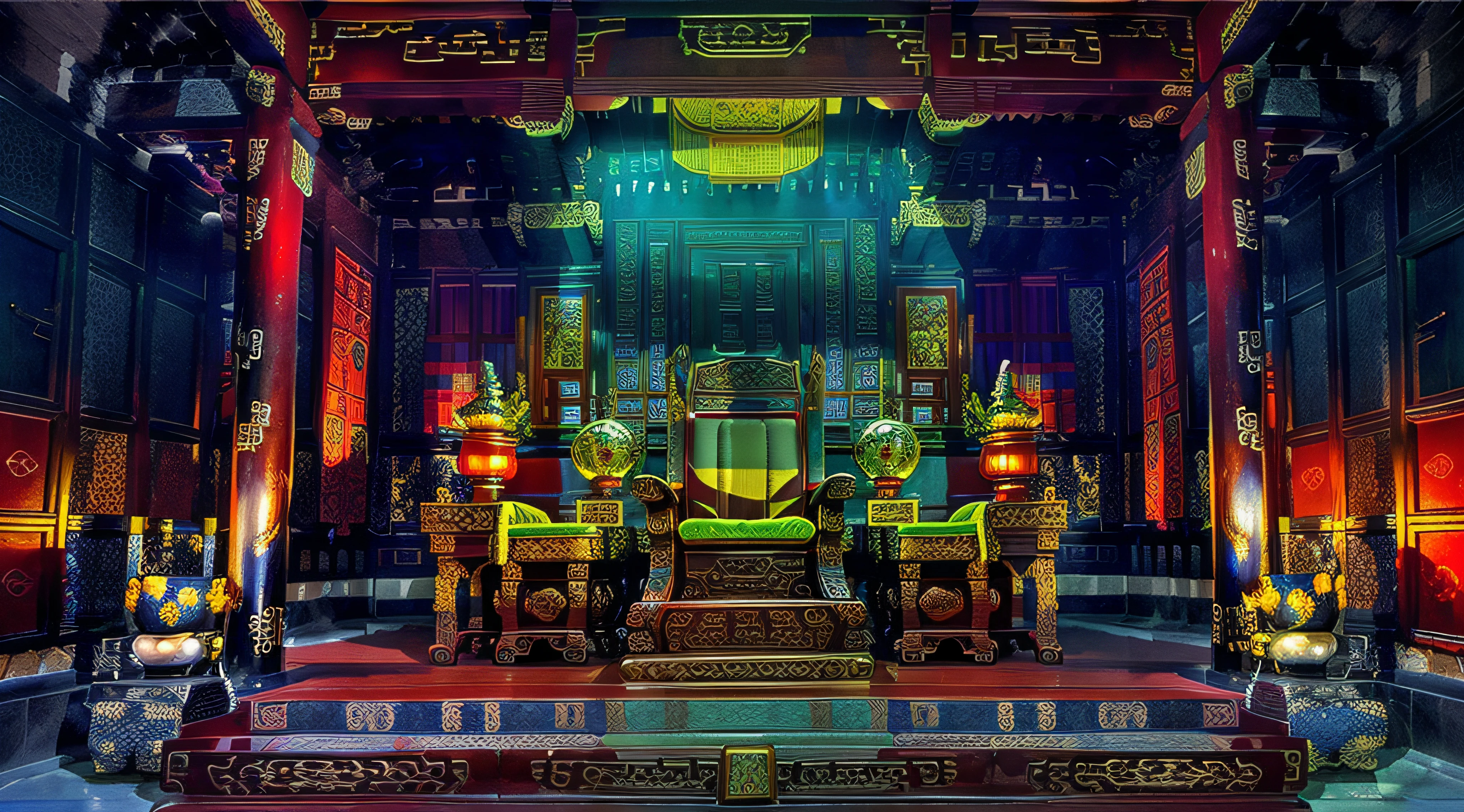There is a large fountain in a building with a red carpet, Cyberpunk Chinese Ancient Castle, Templo DMT, Sala do Trono, Beautiful Rendering of the Tang Dynasty, Sala do trono primorosamente projetada, Sala do trono decadente, em uma sala do trono, Japanese Cyberpunk Temple, Motivos imperiais brilhantes, arquitetura colorida de warcraft, rustic throne room, Chinese palace, from inside the giant palace