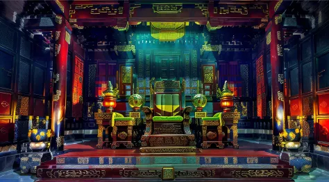 There is a large fountain in a building with a red carpet, Cyberpunk Chinese Ancient Castle, Templo DMT, Sala do Trono, Beautifu...