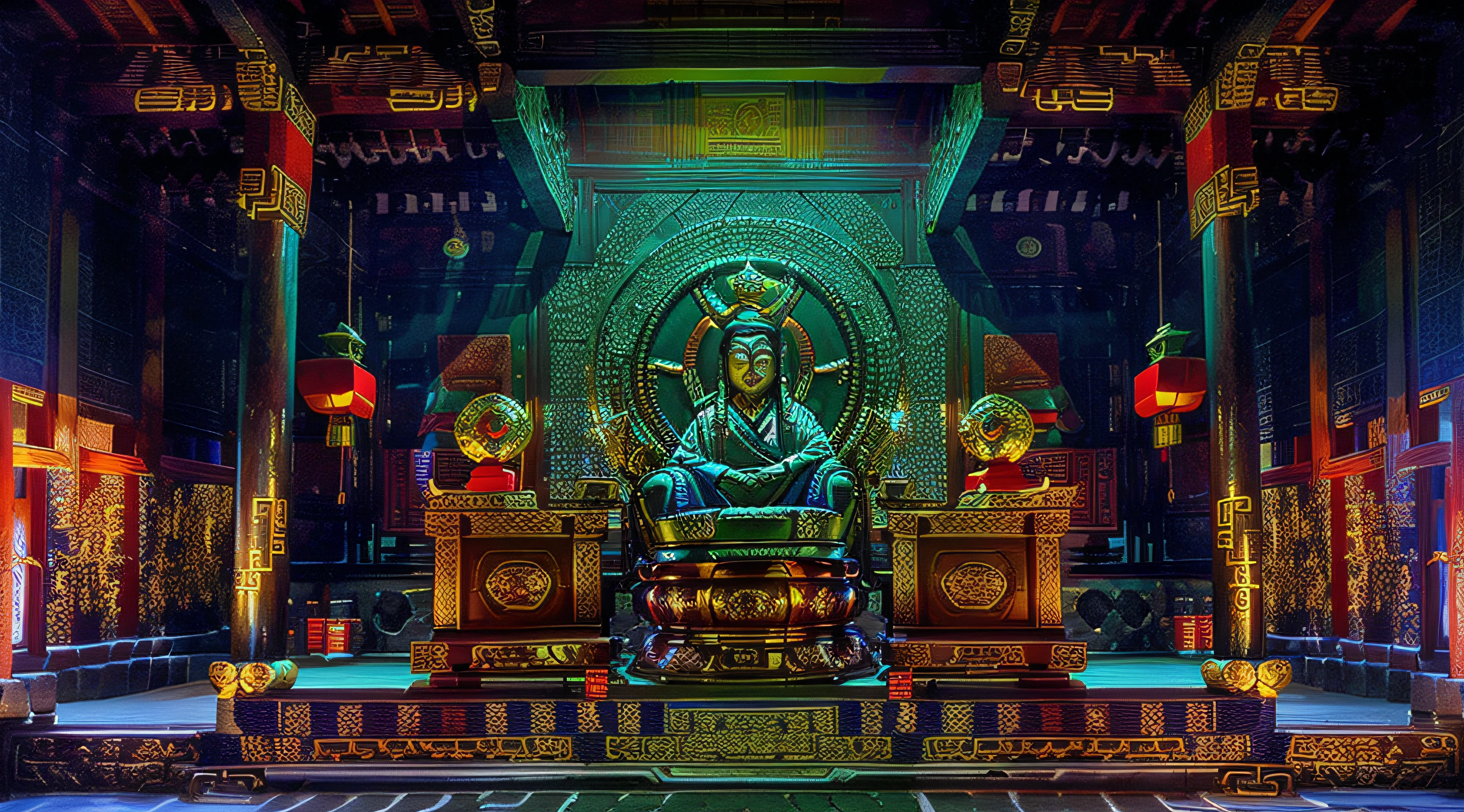 There is a large fountain in a building with a red carpet, Cyberpunk Chinese Ancient Castle, Templo DMT, Sala do Trono, Beautiful Rendering of the Tang Dynasty, Sala do trono primorosamente projetada, Sala do trono decadente, em uma sala do trono, Japanese Cyberpunk Temple, Motivos imperiais brilhantes, arquitetura colorida de warcraft, rustic throne room, Chinese palace, from inside the giant palace
