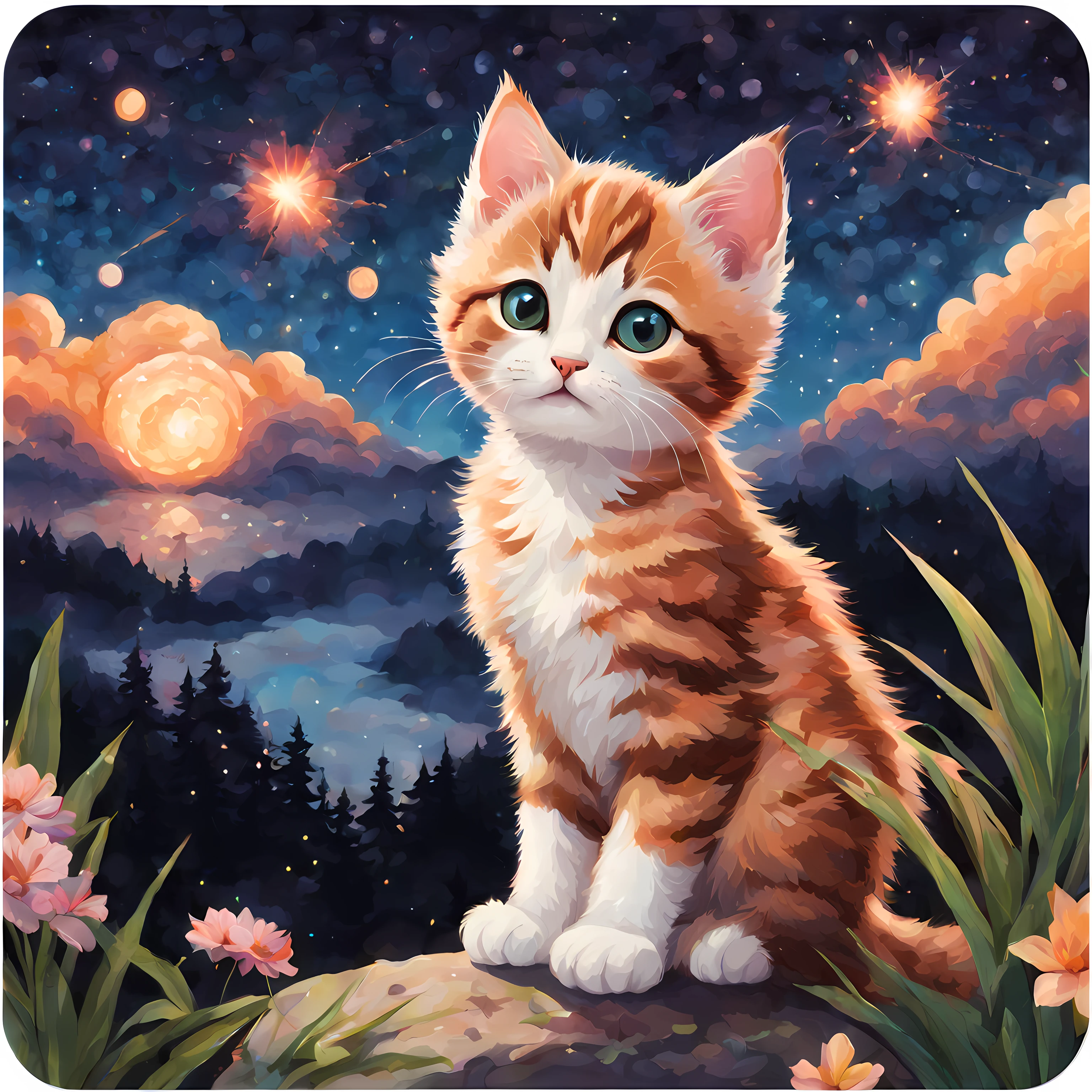 猫が岩の上に座って星を見ている絵 - SeaArt AI