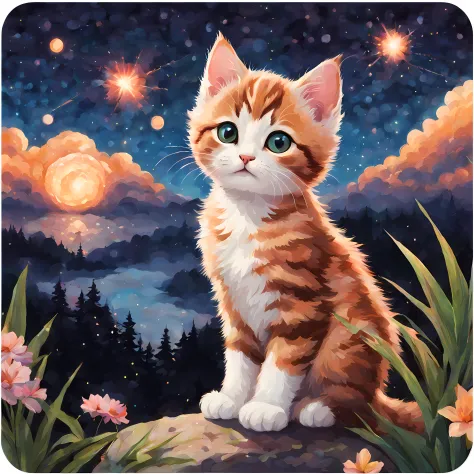 Stickers, big ((sticker)) of a cute kitten watching a ((meteor shower)), breathtaking starry night scenery, exotic flora