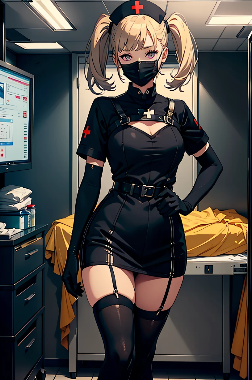 black nurse, 1girl, solo, black nurse cap, black wear, ((black legwear, zettai ryouiki)), black elbow gloves, twintails, yellow hair, purple eyes, ((black surgical mask, covered nose)), standing, ((surgery room)), sharp outline, short sleeves, best quality, masterpiece