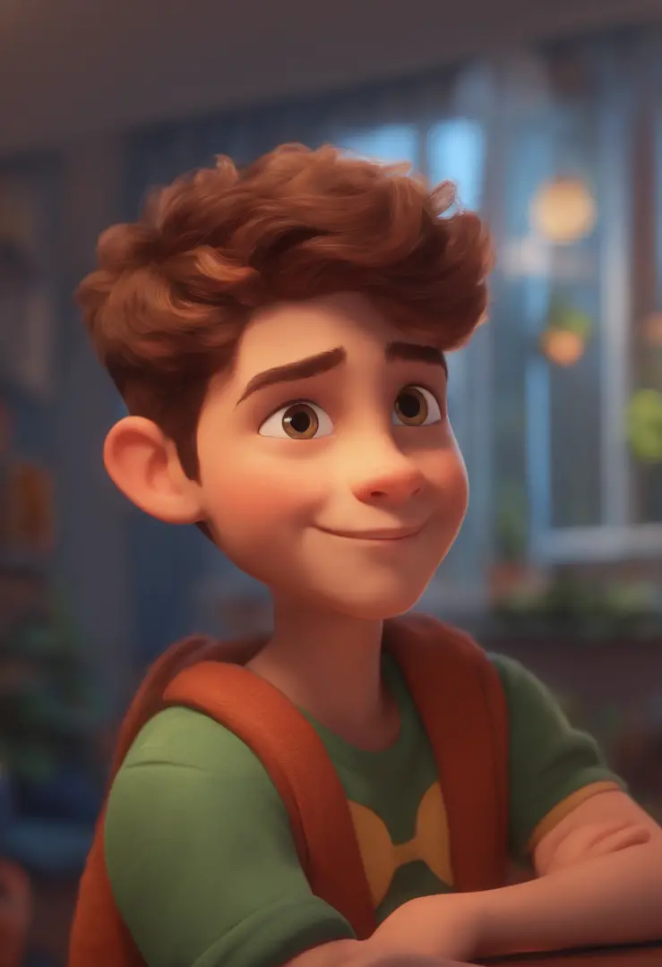 Image of a boy for a story in a YouTube video in Pixar format, He's the little allabester, He's the class leader, He's outgoing, Playful and gets up for a lot of things, cabelo curto e tem barba