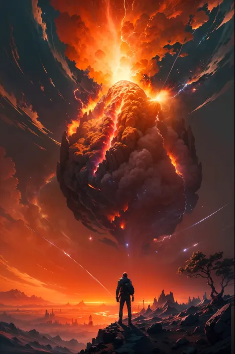 image of the last day of earth, a man standing on a mountain looking up at an upcoming giant burning meteor, orange sky, beauty ...