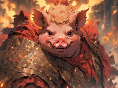 Pig demon，fatness，Dressed in armor，The robe was worn over the armor，He had a long axe in his hand，Fierce expression，irate