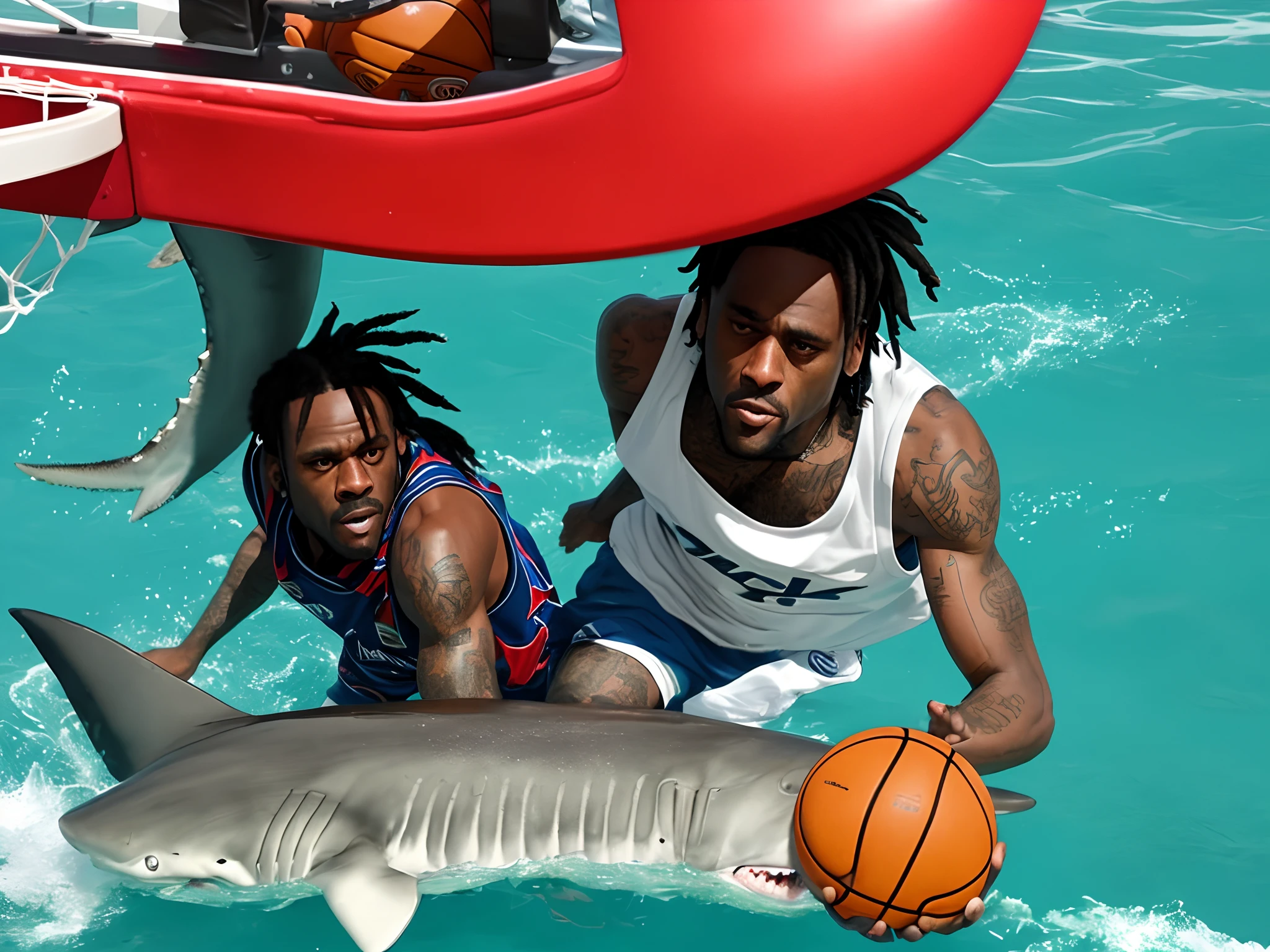 There are two men playing basketball with a shark in the water - SeaArt AI