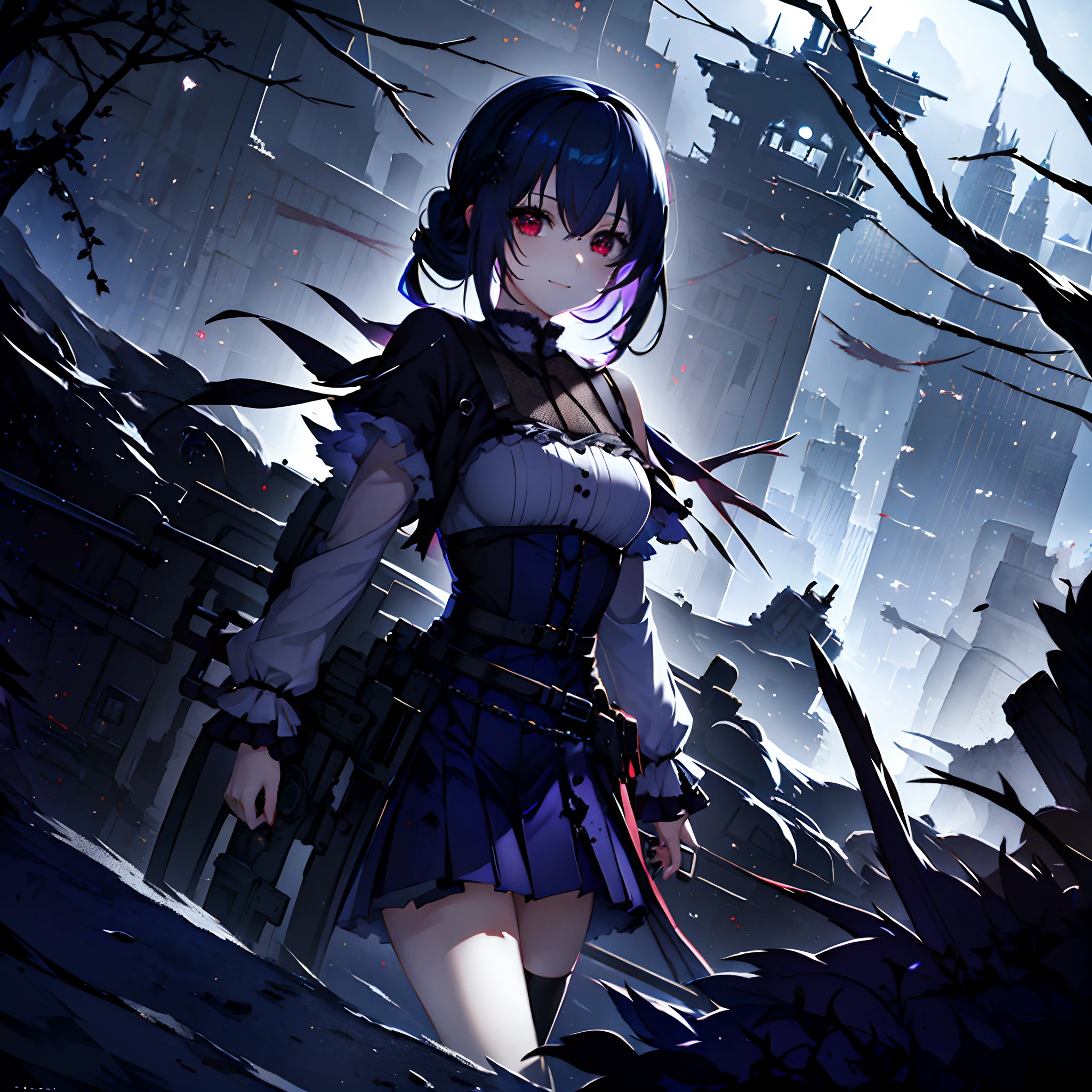 1 girl, solo, Hakase_Fuyuki, aberrant colours, dystopian world, medieval gothic, frilled gothic dress, short sleeves dress, 1 piece gothic dress with long skirt, black hair with grey tips, cute hair accessory, sidebangs, long hair, heterochromia, hair between eyes, tattered and torn outfit, evil smile, opaque black stockings, looking down on viewer, low angle, ashes flying in the skiy, alien-like sea ships in background