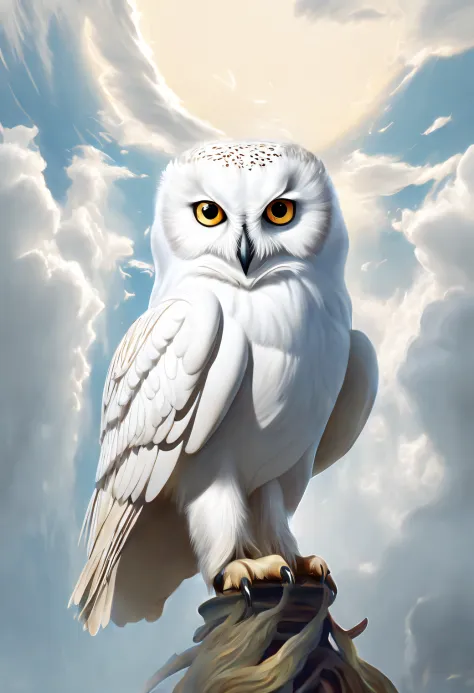 Surrealist art style (A huge pure white owl stands on Athena's shoulder), (Pure white owl: 1.37), Pure white owl, Pure white owl, (Stand on the shoulder: 1.37) The owl's face is round, (wide blue eyes: 0.8), very large eyes, Short curved beak, Thick, pure ...