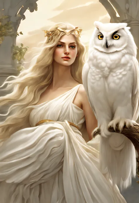 surrealism art style of (a pure white owl standing on Athena's shoulder),(pure white owl: 1.37), pure white owl, pure white owl, (standing on Athena's shoulder),(standing on the shoulder: 1.37) owl's face is round, (large blue eyes: 0.8), very large eyes, ...