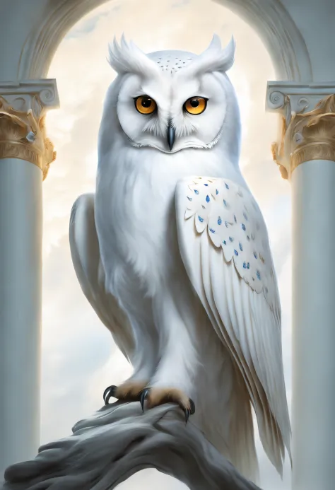 surrealism art style of (a pure white owl standing on Athena's shoulder),(pure white owl: 1.37), pure white owl, pure white owl, (standing on Athena's shoulder),(standing on the shoulder: 1.37) owl's face is round, (large blue eyes: 0.8), very large eyes, ...