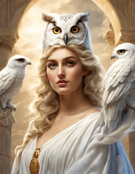 A pure white owl is lifted by Athena's shoulder), （The entire body of an owl）， (Pure white owl: 1.37), Pure white owl, Pure white owl, (Stand on Athena's left shoulder：1.30), (Stand on the shoulder) ，(Stand on the shoulder) ， The owl's face is round, (wide...