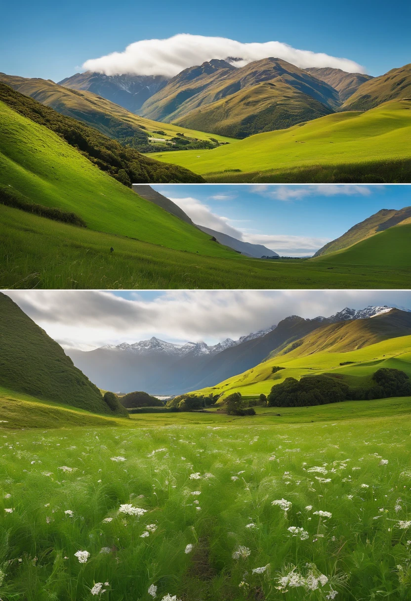 Green meadow，((White flock))，White cloudless sky，new zealand，4K，k hd