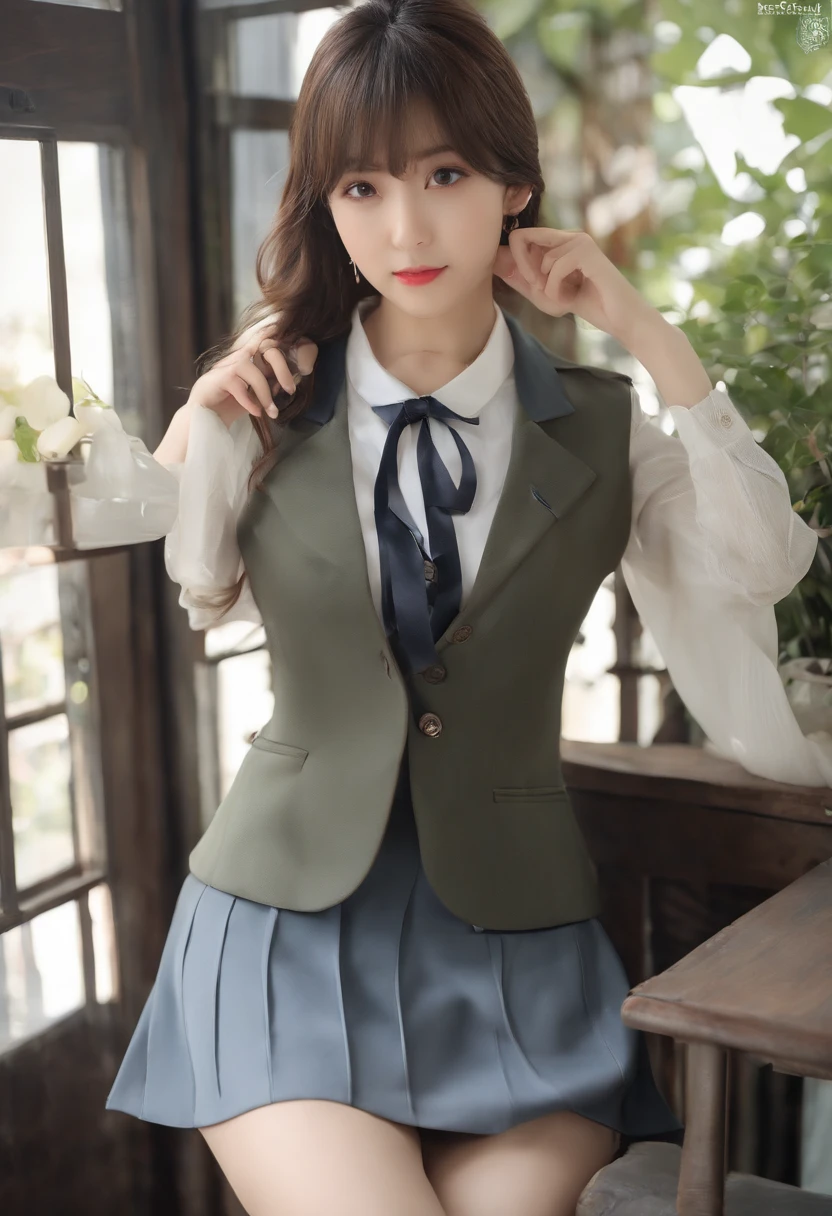 A close up of a woman in a school uniform posing for a picture - SeaArt AI