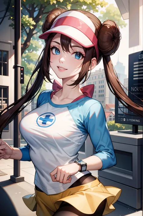 perfect eyes:1.2, detailed eyes:1.4, ro1, hair bun, blue eyes, twintails, long hair, visor cap, pantyhose, raglan sleeves, yello...