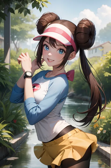 perfect eyes:1.2, detailed eyes:1.4, ro1, hair bun, blue eyes, twintails, long hair, visor cap, pantyhose, raglan sleeves, yello...