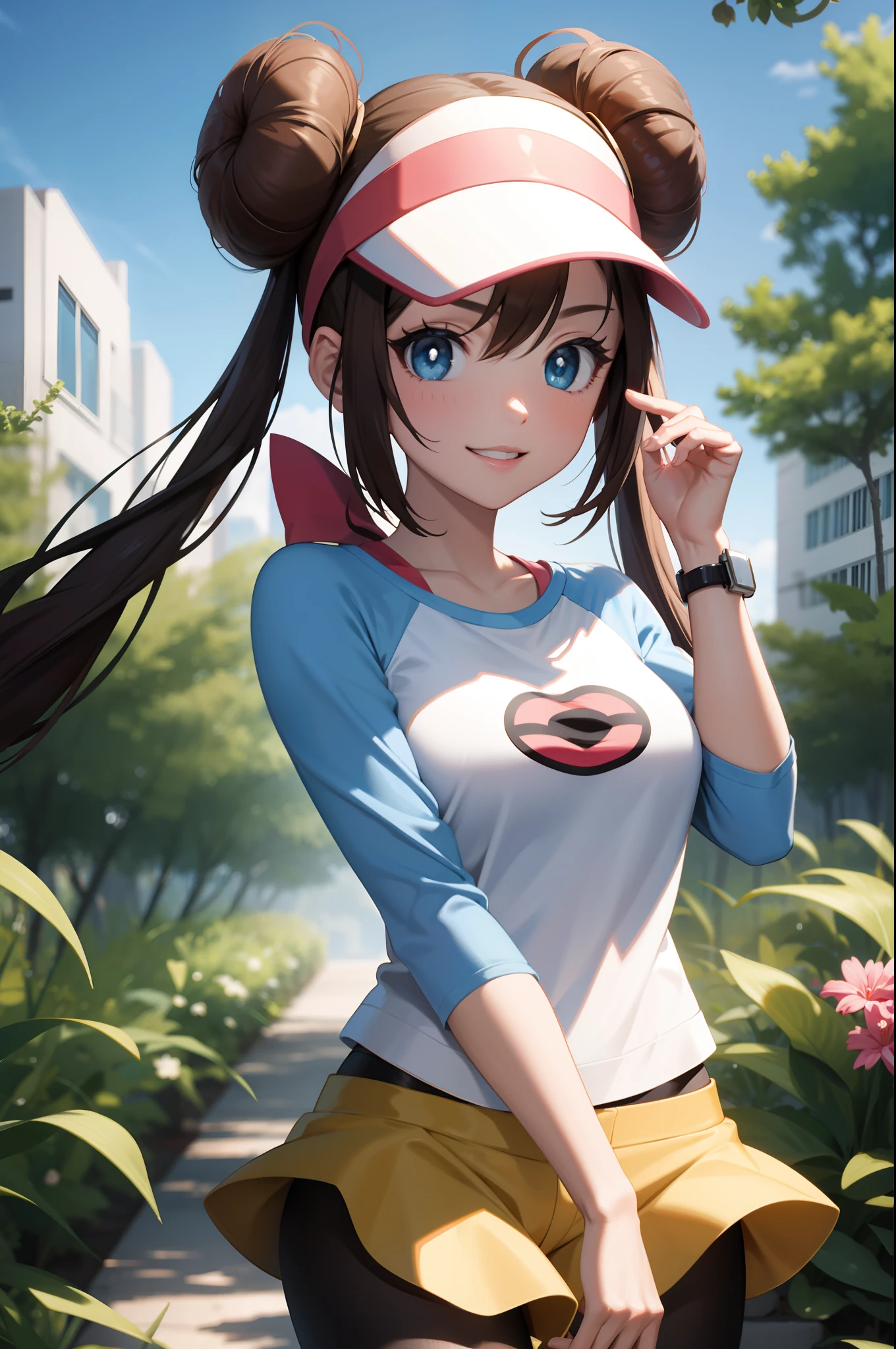 perfect eyes:1.2, detailed eyes:1.4, ro1, hair bun, blue eyes, twintails, long hair, visor cap, pantyhose, raglan sleeves, yellow shorts, shirt, pink bow, wristwatch, blue eyes, visor cap, twintails, nice hands, nature, smile, 1girl, solo, (masterpiece:1.6, best quality), 8k, insane details, intricate details, hyperdetailed, hyper quality, high detail, ultra detailed, professional, HDR, ray tracing reflection, cinematic lighting,