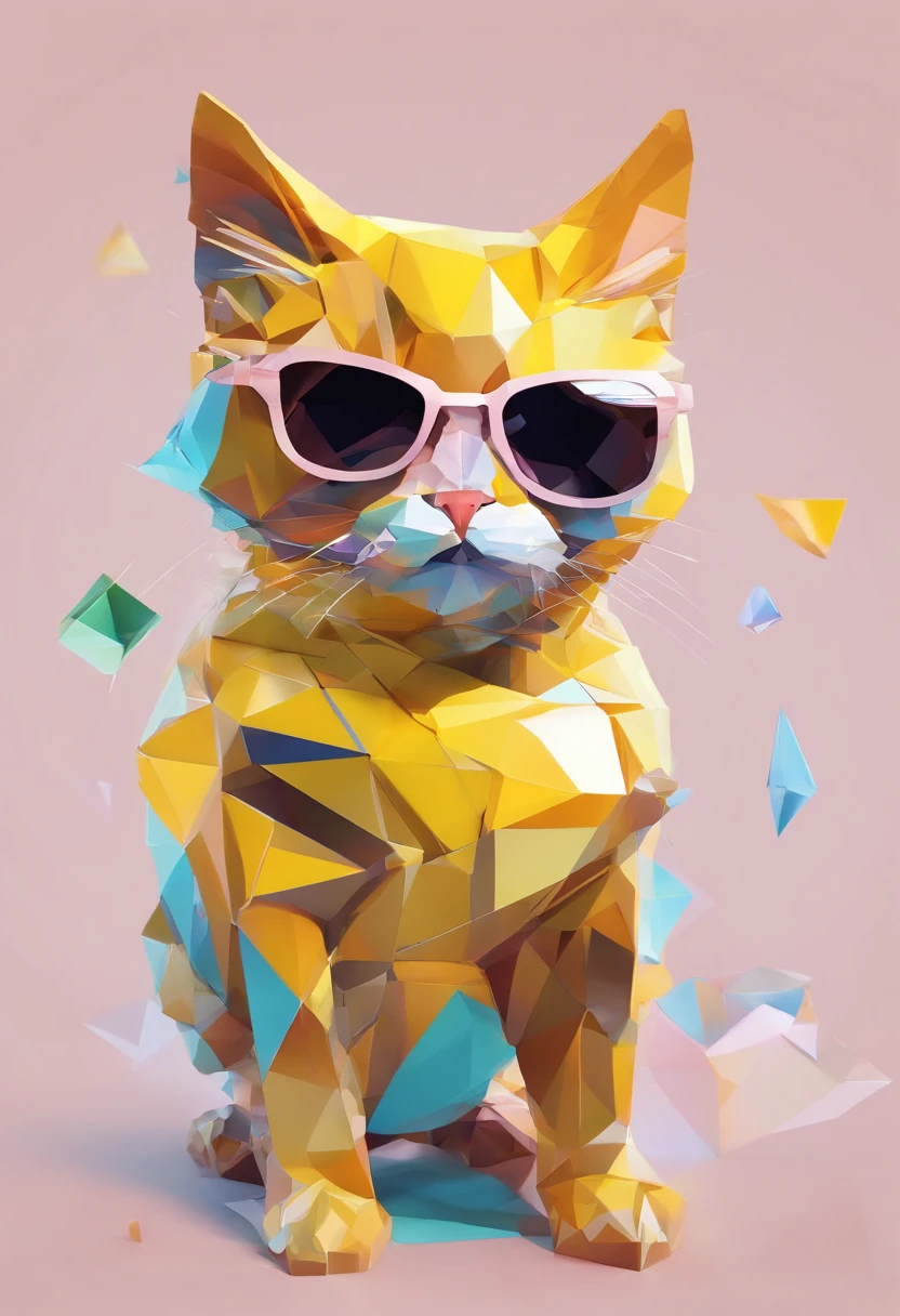 Alinhamento perfeito, gato amarelo de jaqueta，vasos de cristal，Rosa em Flor, Wear sunglasses, Tolerable, Standing position, beleza abstrata, Centrado, looking at the camera, Facing the camera, Quase perfeito, Dynamic, altamente detalhado, sedoso, foco nítido, 8k, high-definition resolution, arte de Carne Griffiths e Wadim Kashin, fundo branco