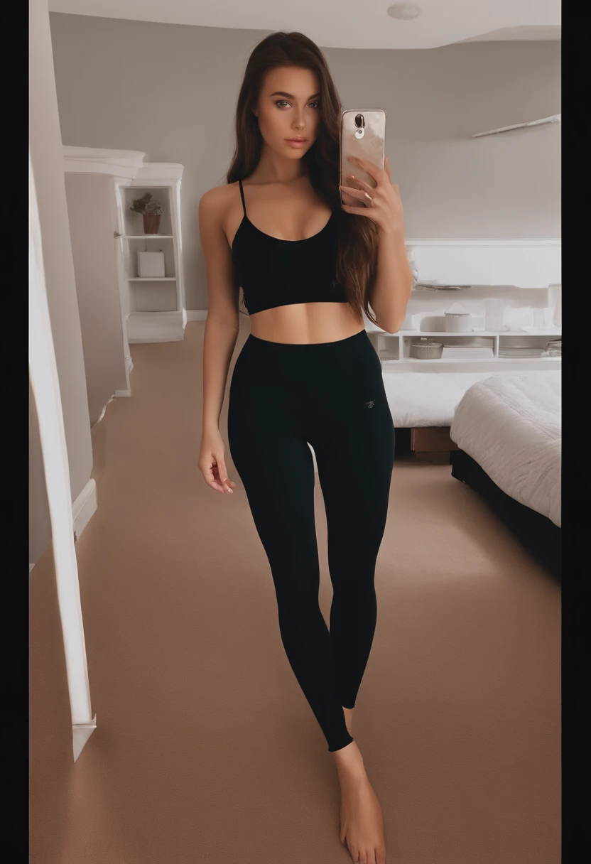 A woman taking a selfie in a black sports bra top and leggings - SeaArt AI