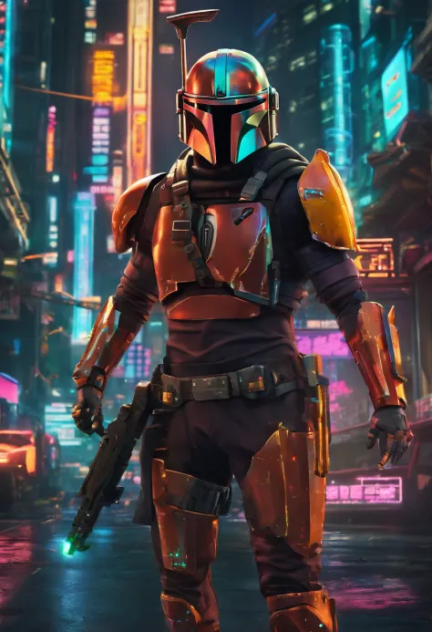 Generate a hyperrealistic Mandalorian Warrior wearing a jetpack missile rifle. The scene is illumanated by Daylight Noon clear sky casting soft glow and nuanced shadows on the polished surface of armor and helmet. Inspired by variation with anime mecha inf...