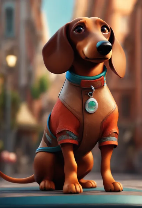 Cartoon character of a very stylish daschund dog, com fundo estilo Pixar, with hero pose.