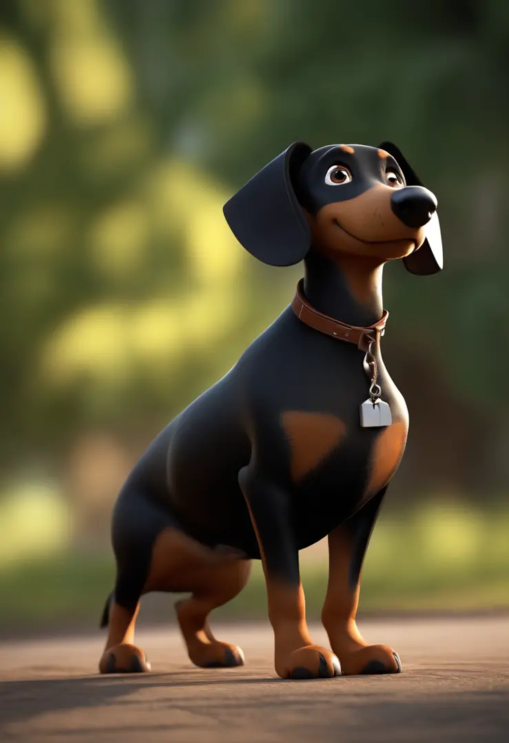 personagem dos desenhos animados, A black-coated Daschund breed dog with brown accents and a large white patch on the chest, animation character, Caractere estilizado, animation style rendering, 3D estilizado,, 3 d render stylized, toon render keyshot, Per...