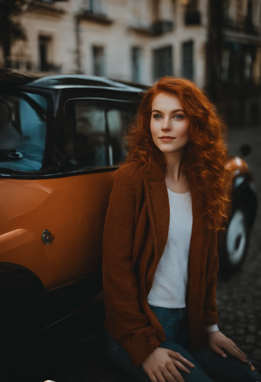 A woman sitting on the ground next to a car in a city - SeaArt AI