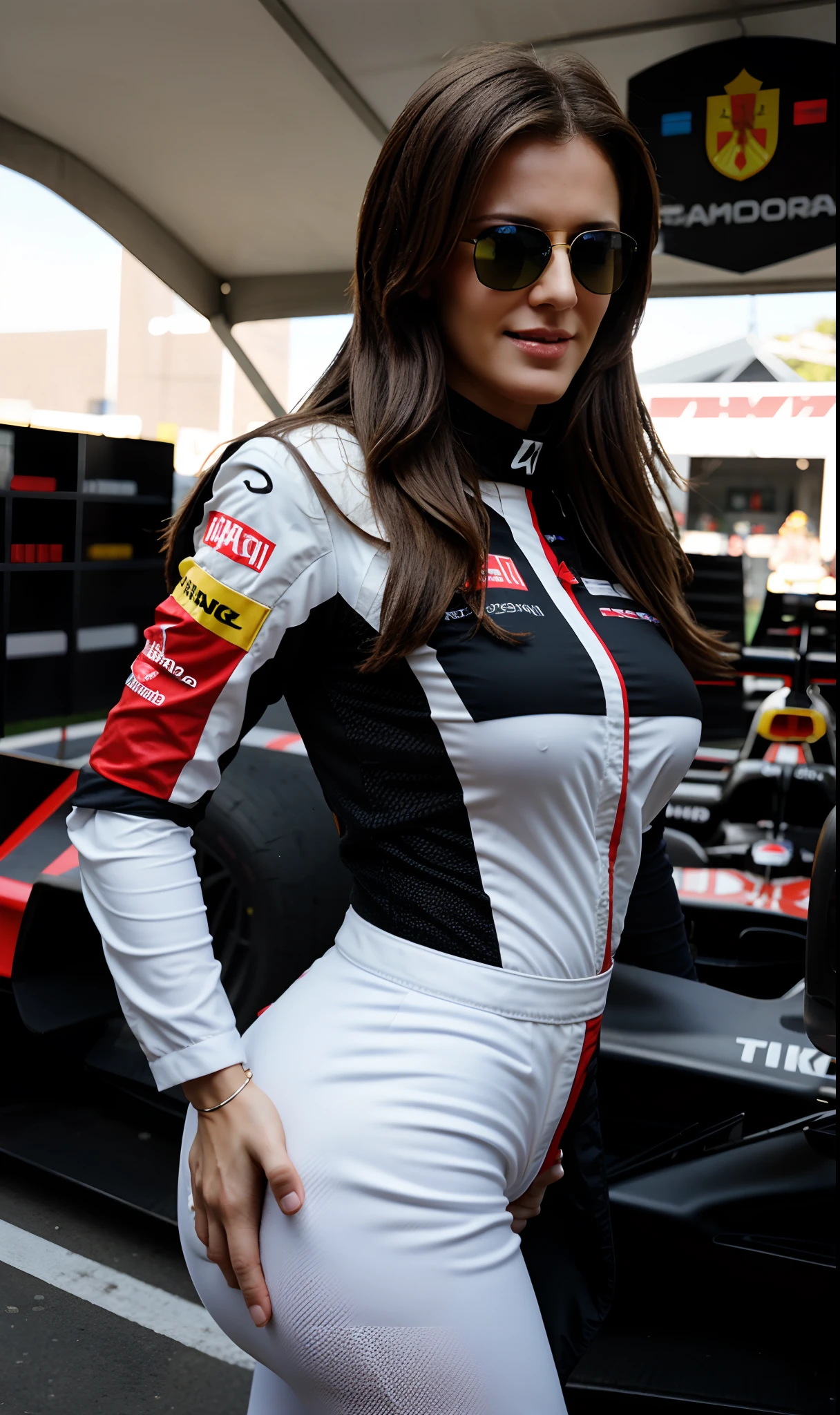 A woman in a racing outfit posing for a picture - SeaArt AI