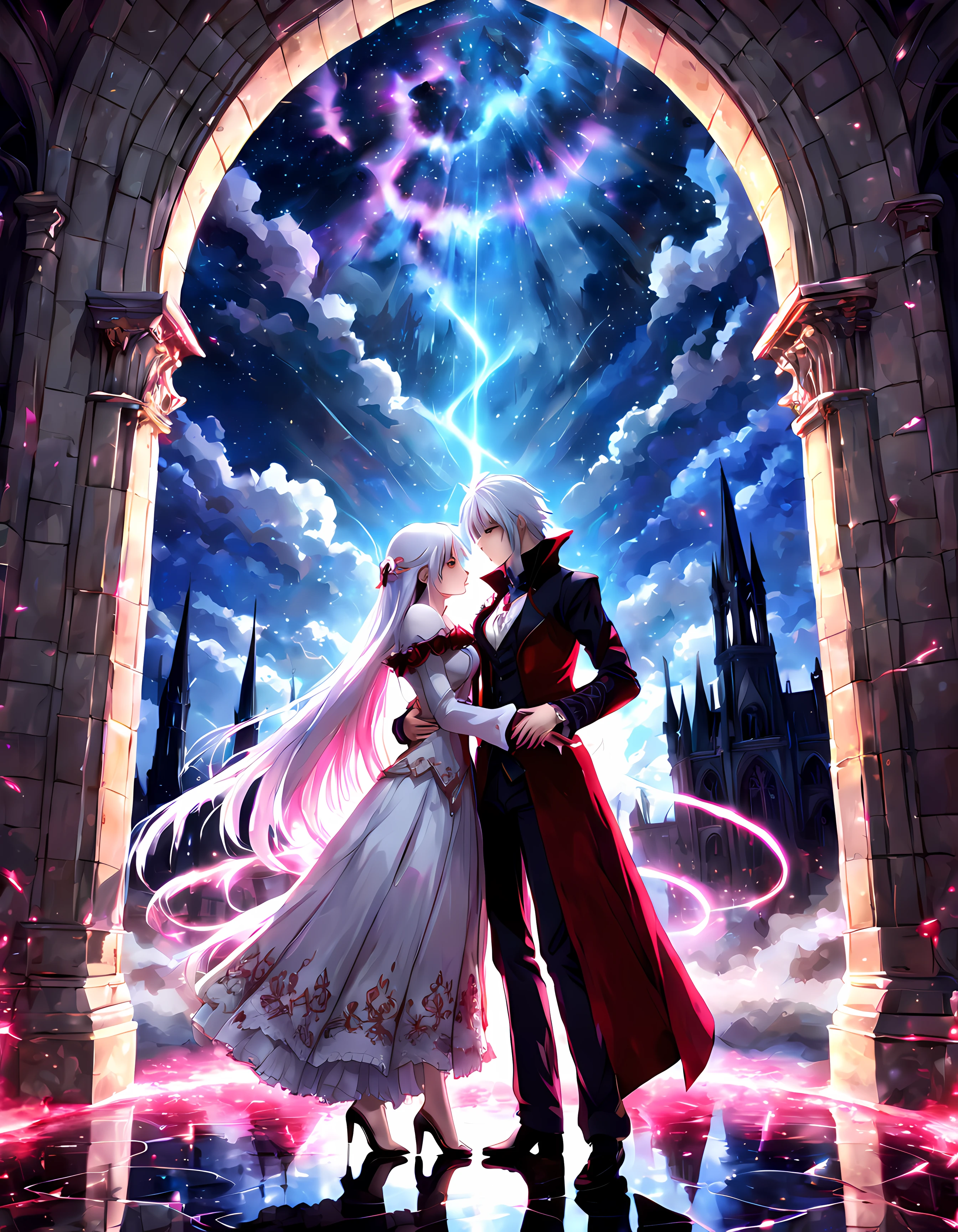 (epic mysterious anime), ((view through the gothic arch with rich rosy ornate)), ((noble vampire couple deeply in love)) (vivid blue eyes) (white noble clothes) (long white hair) (((holding hands together))), shiny ((meteor shower)), PEAnimeBG, Background, anime, scenery