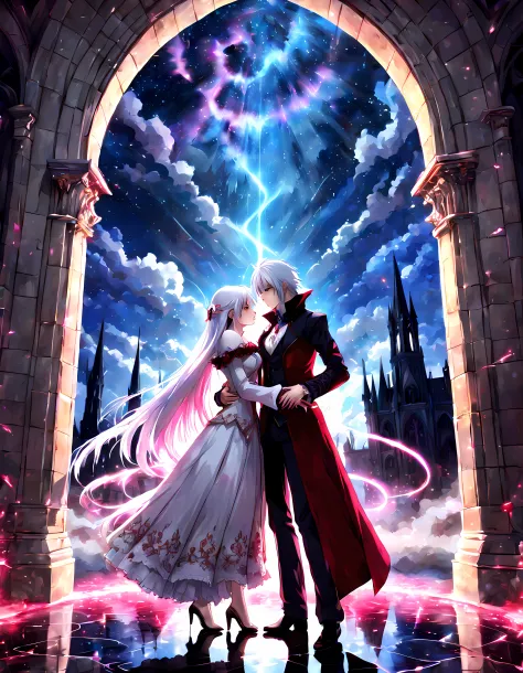 (epic mysterious anime), ((view through the gothic arch with rich rosy ornate)), ((noble vampire couple deeply in love)) (vivid ...