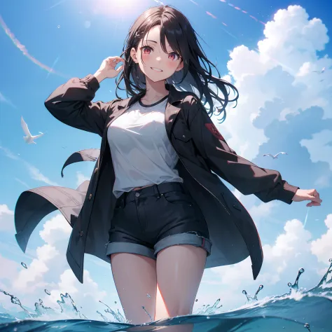 (masutepiece,Best Quality,8K),(extremely detailed CG1.1),1 girl standing on a water surface that is emitting a beautiful,Smile,large boob,(From below:1.2),Intricate details , Hyper realistic, Perfect Anatomy,A dark-haired,Red Eyes,(((Forehead))),Permed hai...