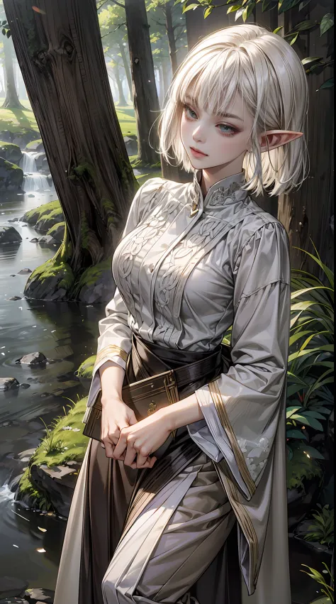 An image of a female elf exuding tranquility and elegance as she leans against a majestic tree in an enchanted woodland, by Yusu...
