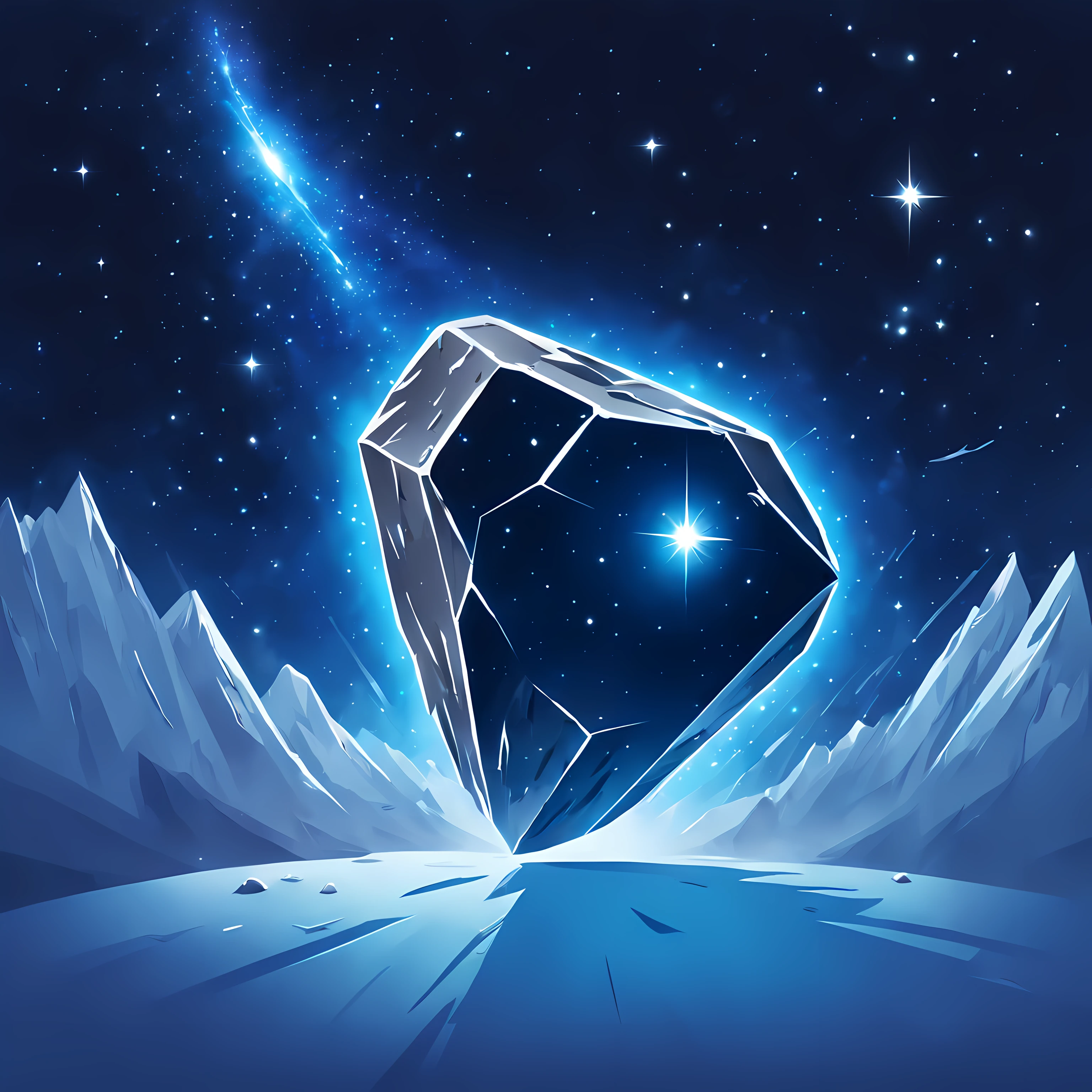 logo, a (huge) rectangular logo of a shiny blue ((huge icy meteorite)) with long distinct trail, (((breathtaking starry cosmic background))), ((mystical taiga)), epic, travelers, LogoRedAF