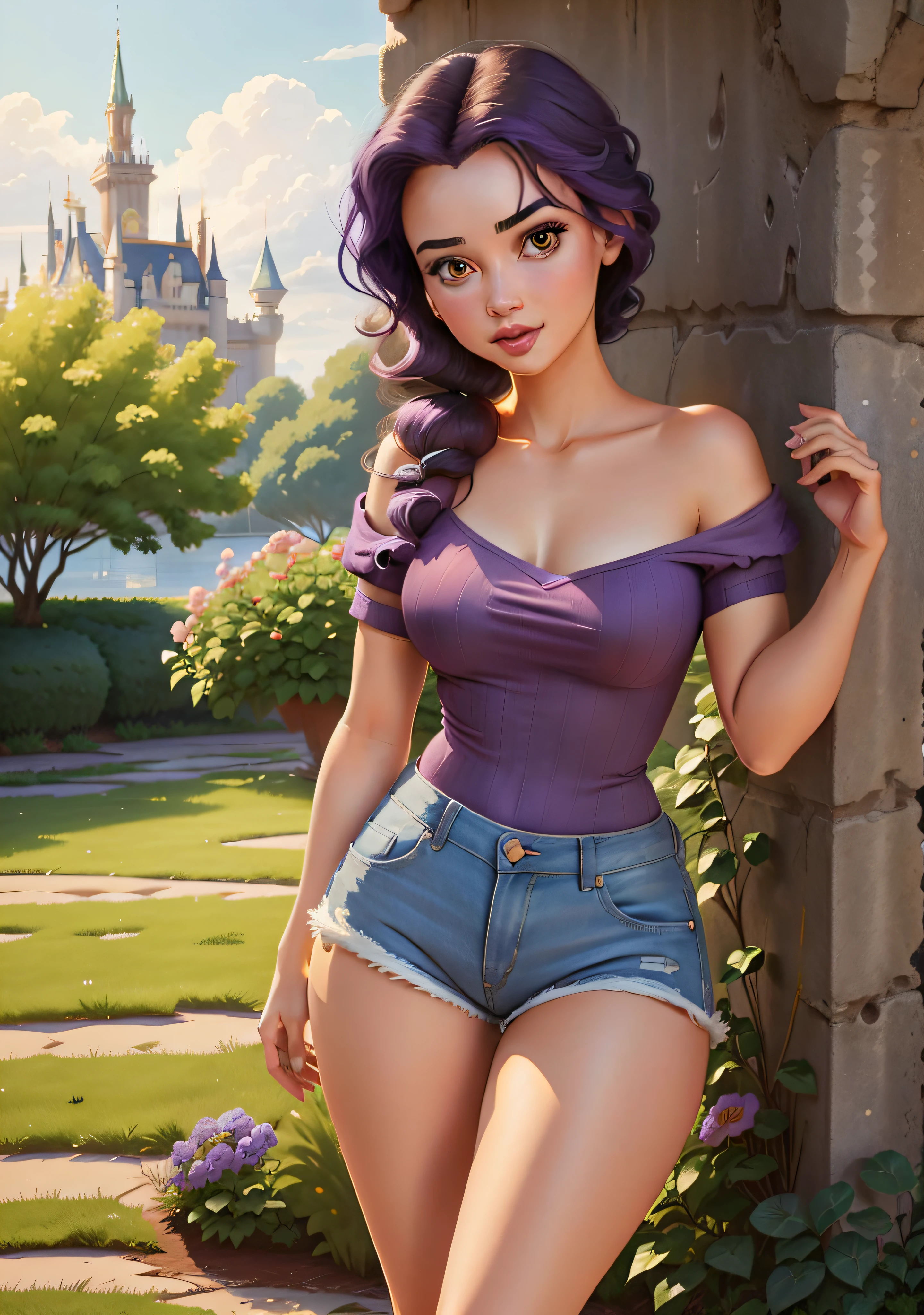 (BelleWaifu:1), surprised, cute, cute pose looking at the viewer, thick hips, (bob hairstyle), (purple hair), (denim shorts:1.2), (purple t-shirt on naked body:1.2), :D, curvy, (holding a red rose:1), (realistic: 1), (cartoon), (masterpiece: 1.2), (best quality), (ultra-detailed), (8k, 4k, intricate), (full-length shot: 1), (cowboy shot: 1.2), (85 mm), light particles, lighting, (very detailed: 1.2),  (Detailed Face: 1.2), (Gradients), SFW, Colorful, (Detailed Eyes: 1.2), (Detailed Landscape, Garden, Plants, Castle:1.2),(Detailed Background),Detailed Landscape, (Dynamic Angle:1.2), (Dynamic Pose:1.2), (Rule third_composition:1.3), (Line of Action:1.2), Wide Shot, Daylight, Solo,